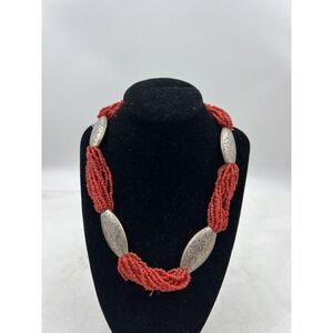 Vintage Chicos Multi Strand Red Beaded Necklace Silver Tone Statement Boho Ethni